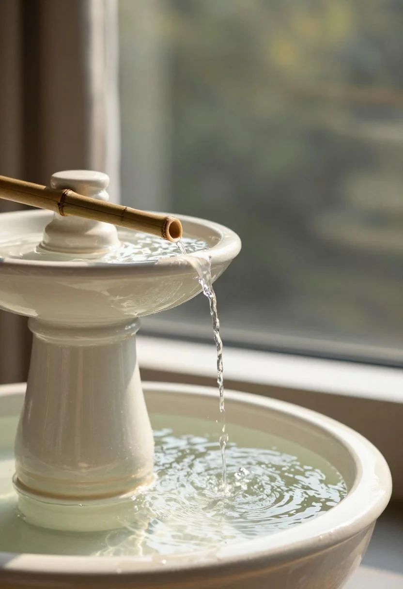 Cream white ceramic pot fountain with a bamboo spout on a teak balcony corner in morning light