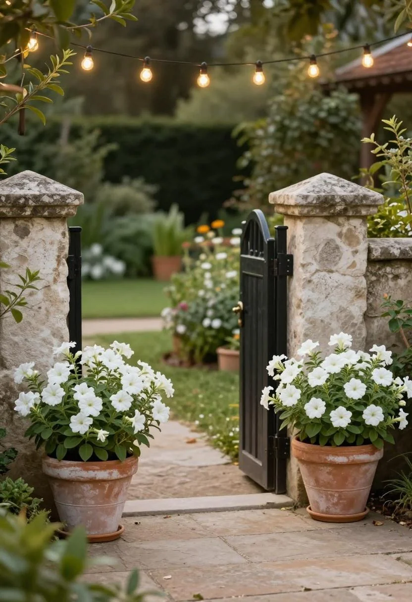 Whitewashed terracotta pots of white calibrachoa glowing beside a limestone garden gate at dusk