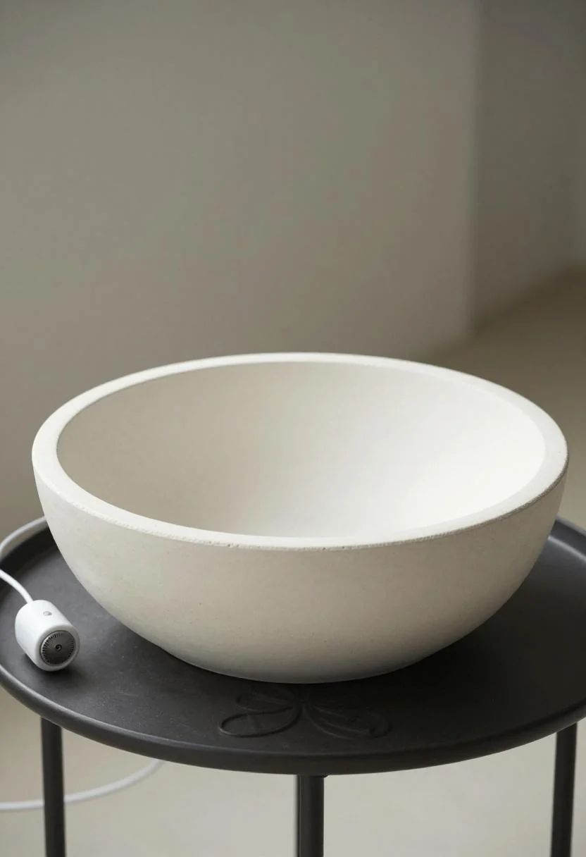 Cream white concrete bowl tabletop fountain on a wrought-iron table in soft overcast light