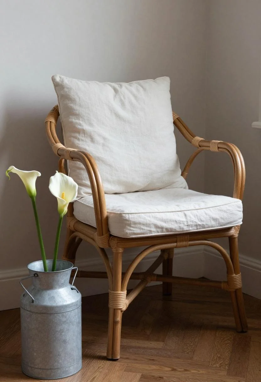 Cream white calla lily in a milk can beside a rattan chair on a dusk balcony