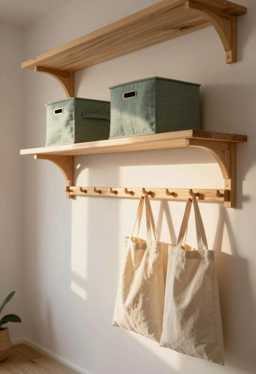Floor-to-ceiling pine storage wall with sage green linen bin in a camper interior