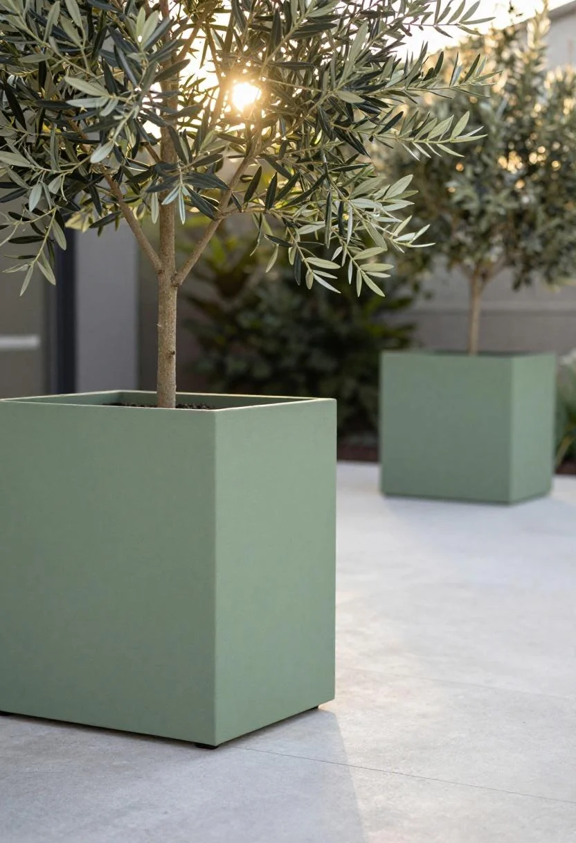 Sage green fiberglass planter with an olive tree catching golden hour backlight on a concrete deck