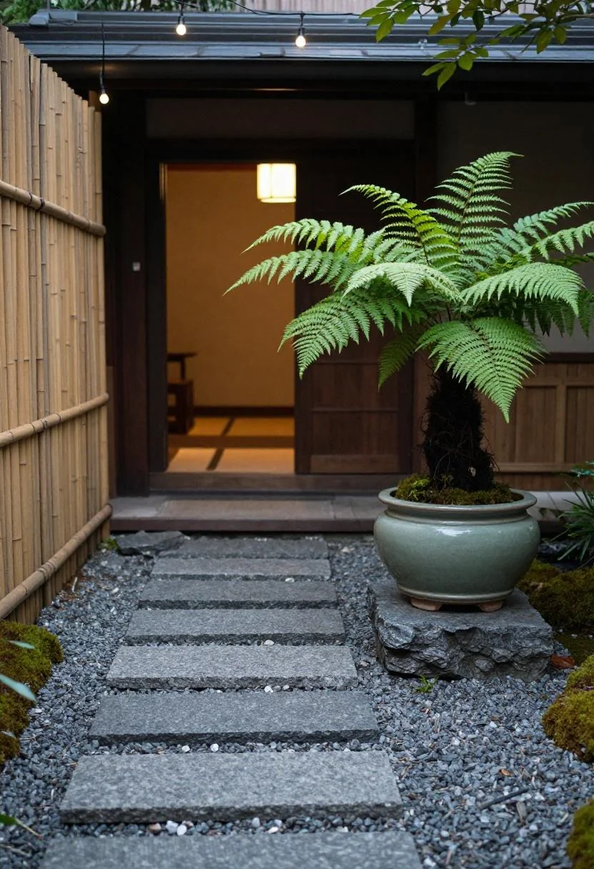 Sage green ceramic planter with Kimberly Queen fern on granite beside a bamboo gate in a Japanese zen garden at dusk
