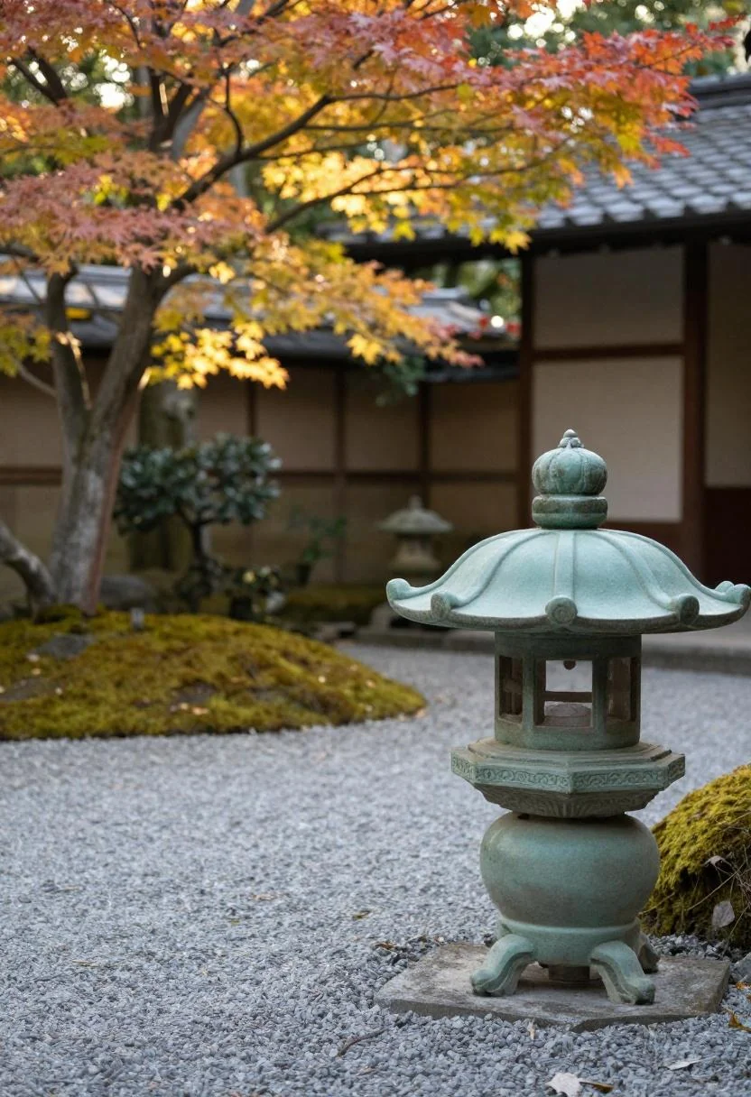 Sage green ceramic lantern beside dwarf maple along zen gravel path at golden hour
