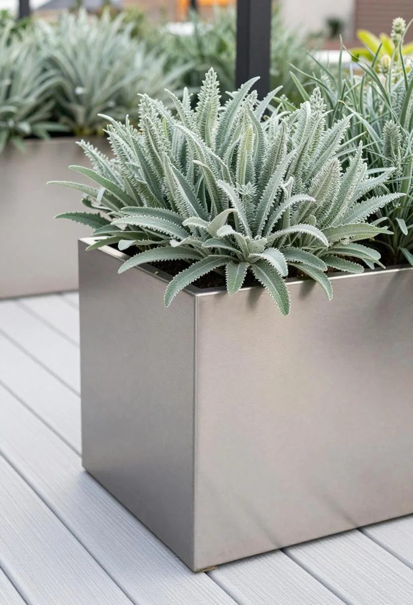 Sage-toned lamb's ear and artemisia overflowing a brushed steel deck border planter at morning