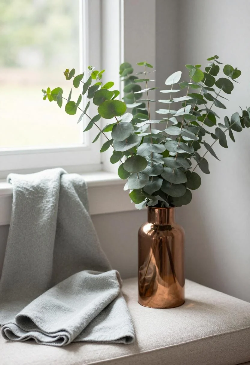 Sage green eucalyptus in a copper vase on a window seat beside a folded cashmere blanket
