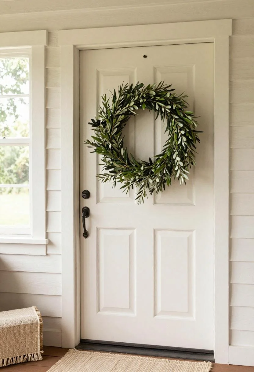 Sage olive branch wreath on birch door with Afrohemian mudcloth porch runner