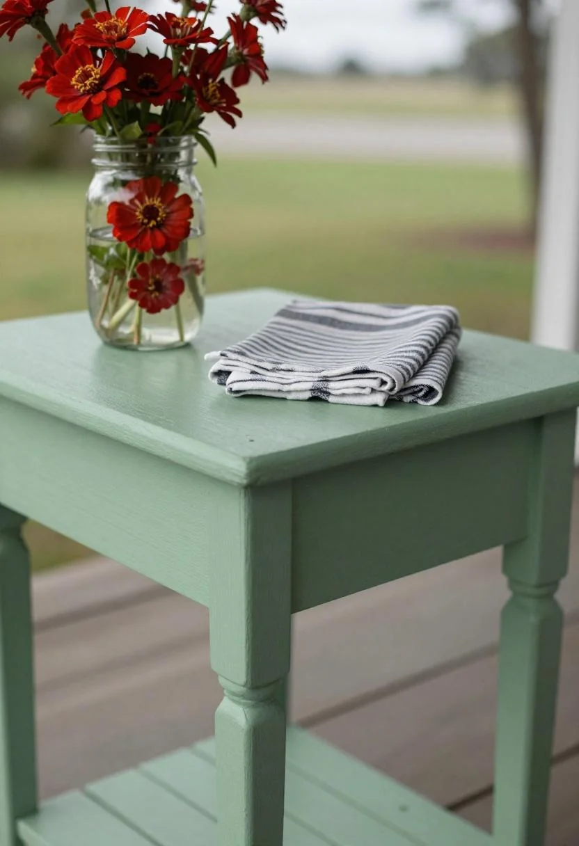 Sage green porch table with red zinnias in a mason jar for a simple cottagecore Fourth of July outdoor vignette