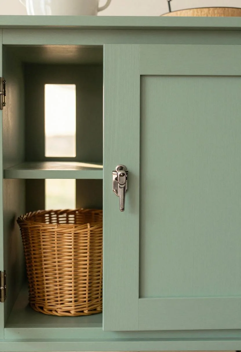 Camper overhead storage with sage green birch doors and vintage chrome latches