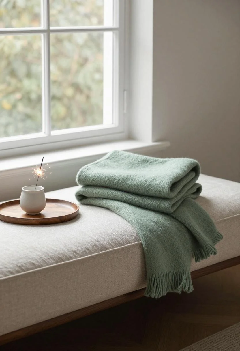 Window bench with sage green wool throw and walnut tray holding a ceramic sparkler holder