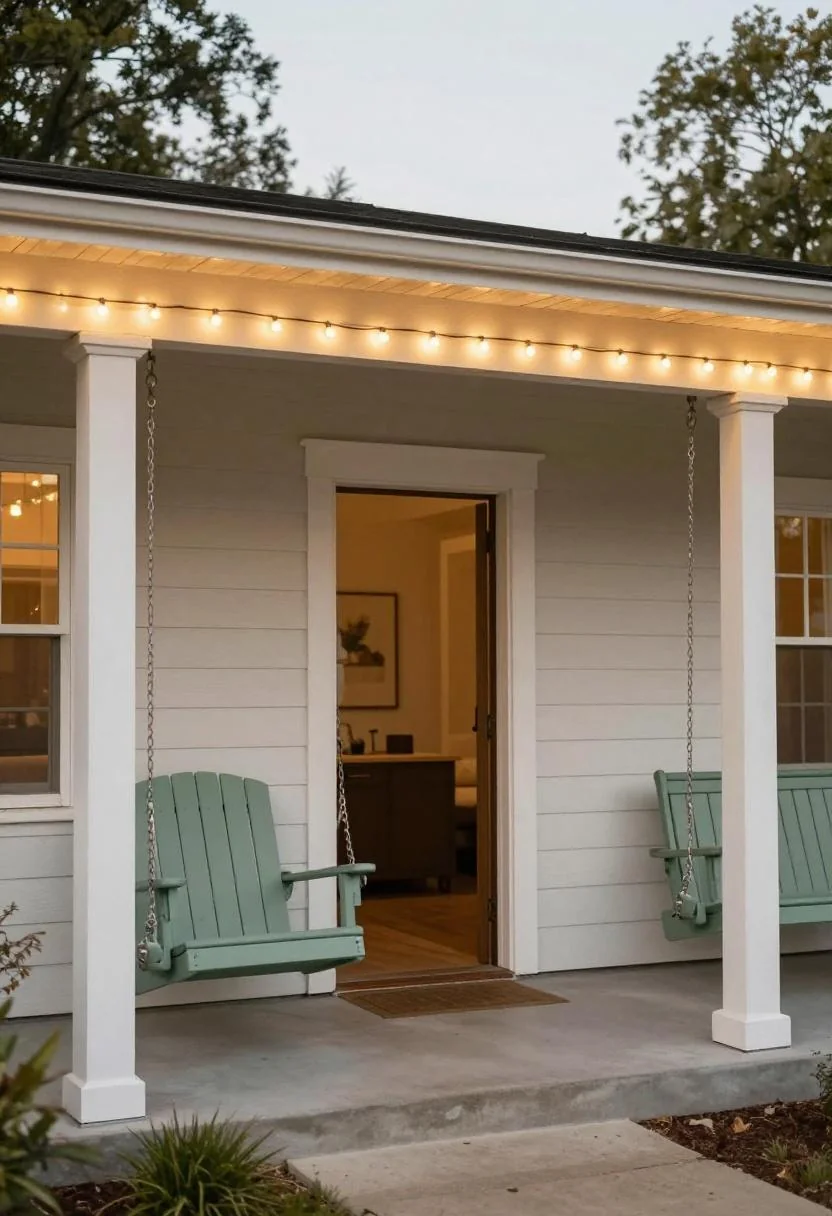 Sage green porch swing at dusk beneath string lights on a classic ranch house front porch