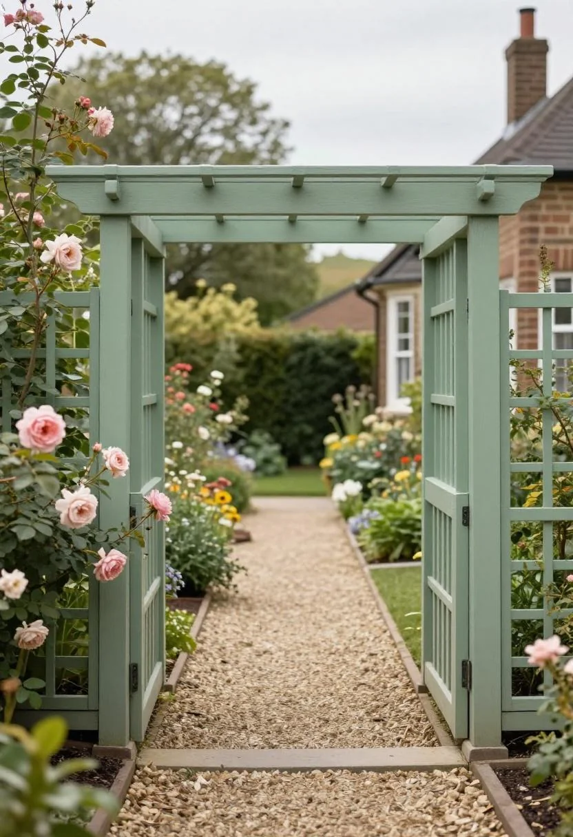 Sage green trellis panels with climbing roses lining a gravel garden path beside a Craftsman bungalow