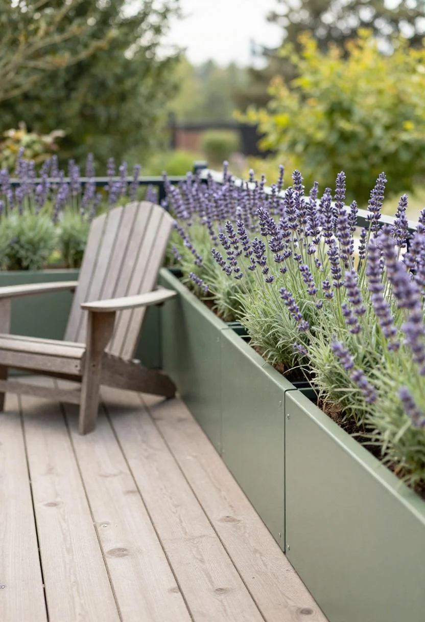 Sage green steel planter box and oak Adirondack chair on a modern duplex morning deck