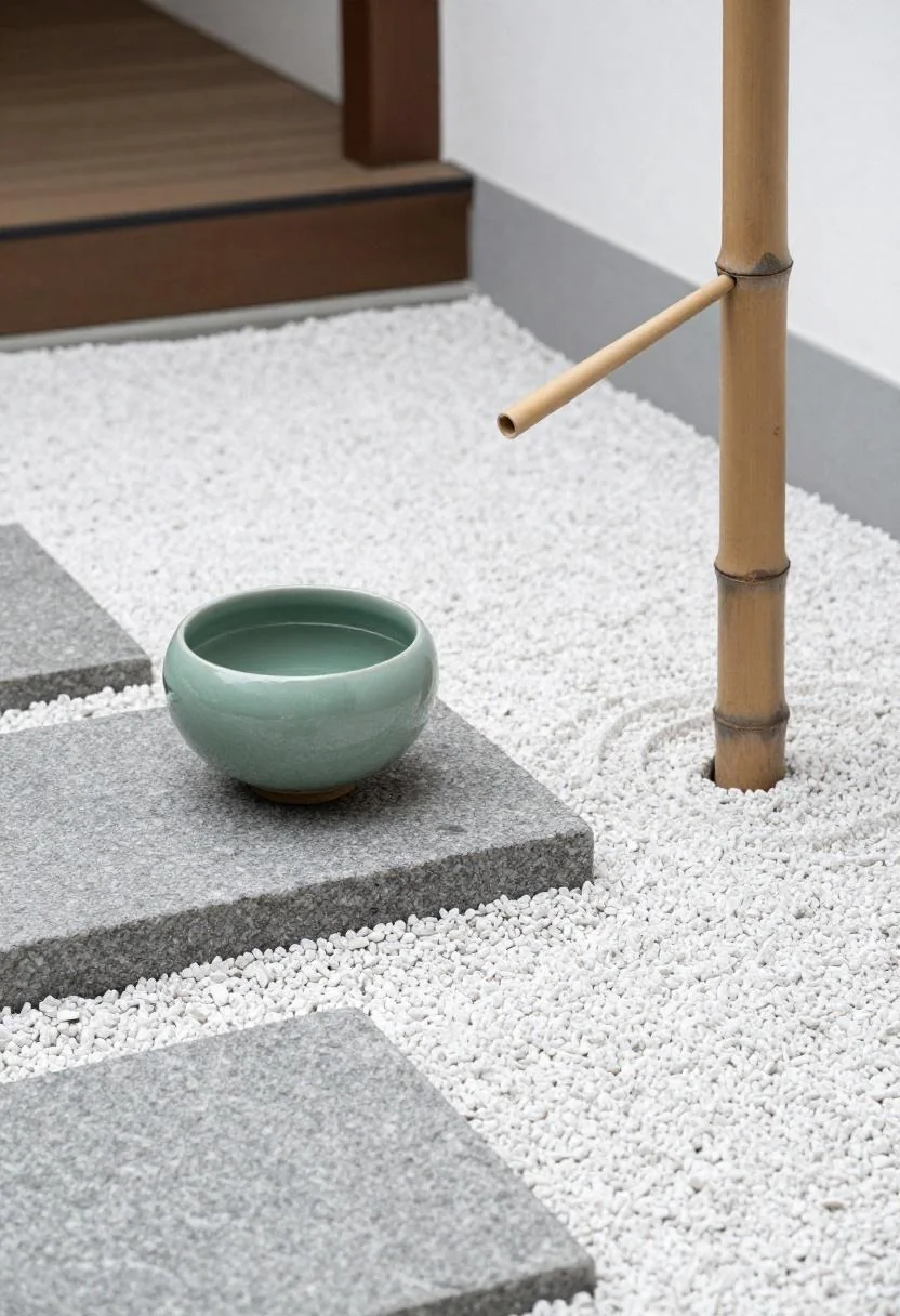 Sage green water bowl and bamboo spout on a granite slab in a Japanese zen garden