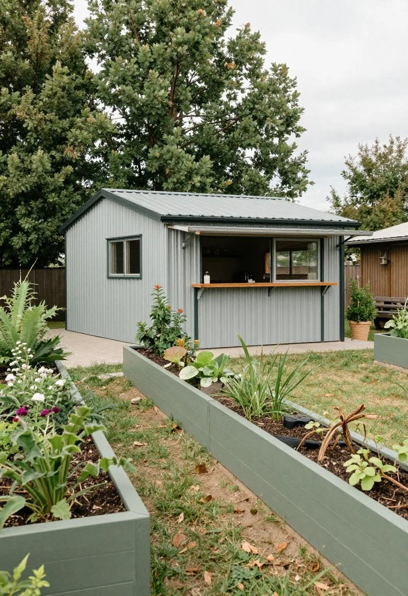 Sage green raised pine garden bed along a corrugated barndominium wall