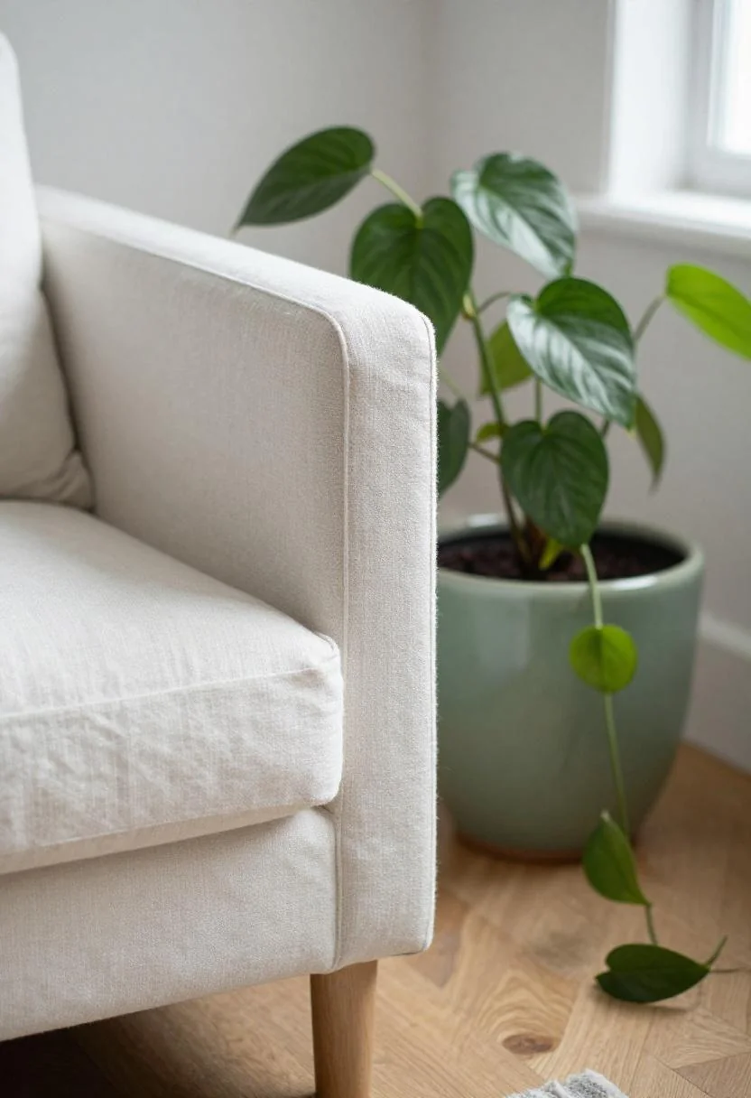 White linen sofa arm beside a sage green ceramic planter with trailing pothos in soft daylight