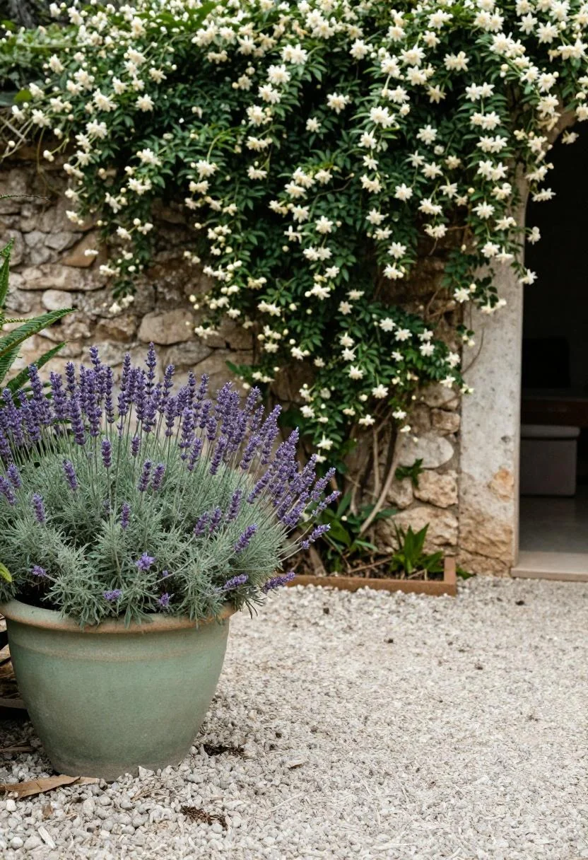 Sage green ceramic planter with lavender along a gravel garden path beneath climbing jasmine