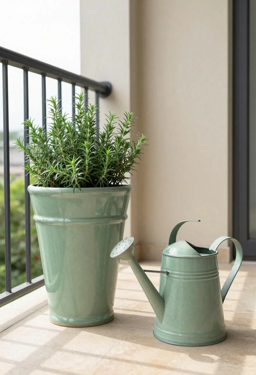 A sage ceramic planter of rosemary and an iron watering can on a cottage balcony rail
