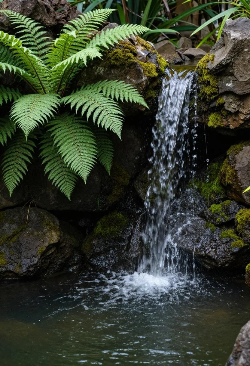 Lava rock waterfall framed by sage-green ferns in a shaded morning garden