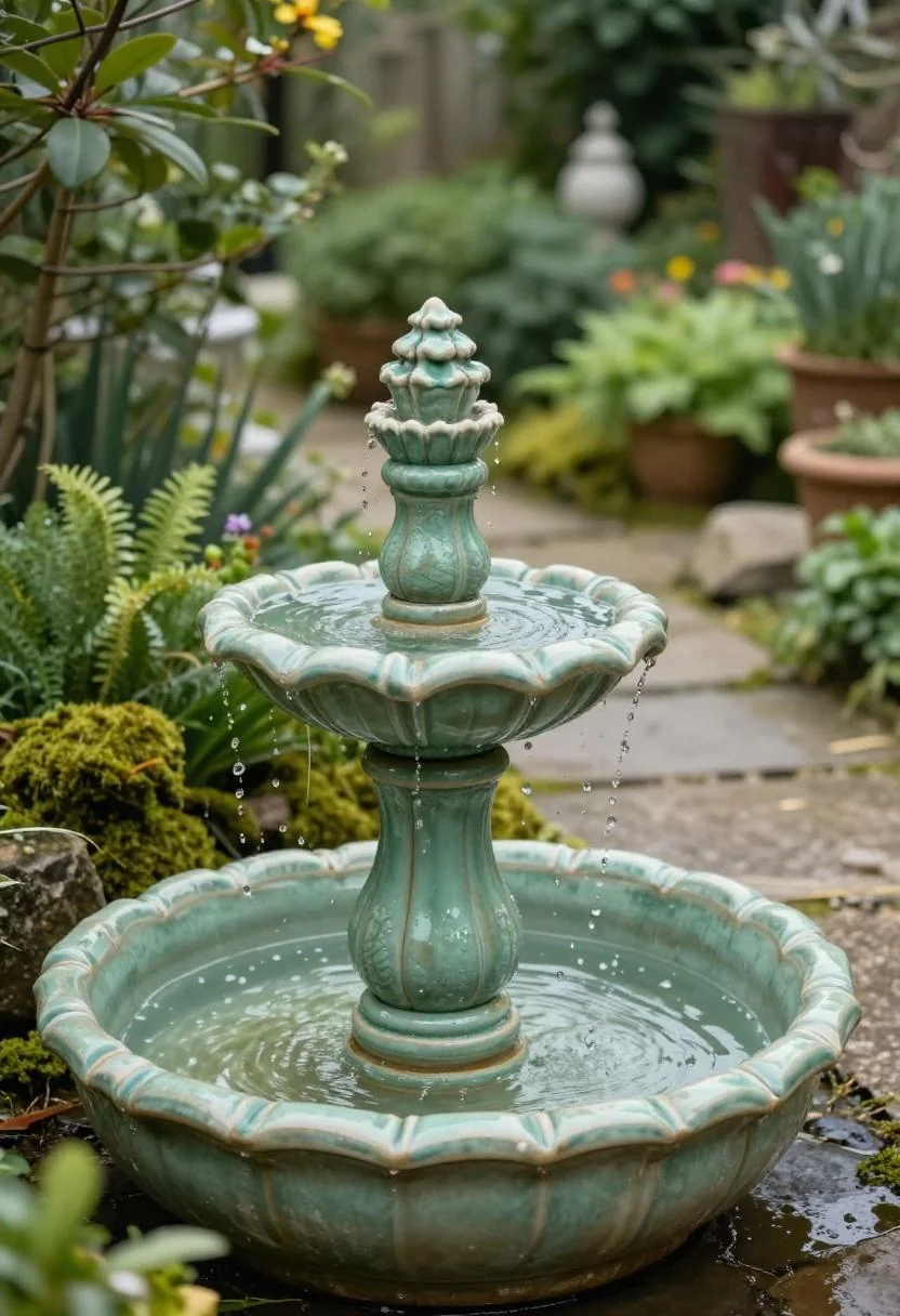 Sage green stoneware pot fountain trickling over mossy stones beside a cottage garden path