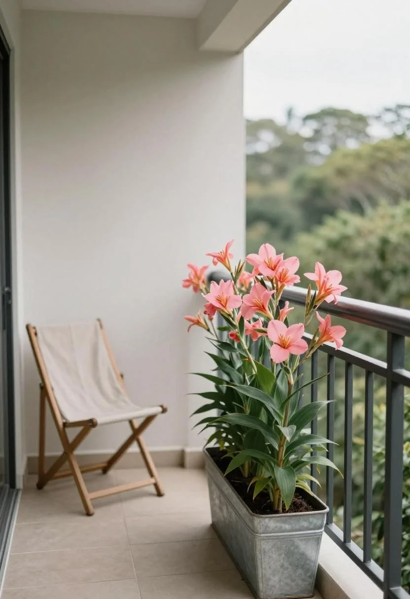 A black cast-iron planter of white canna lilies sitting off-center on raked gravel in a Japanese-style garden