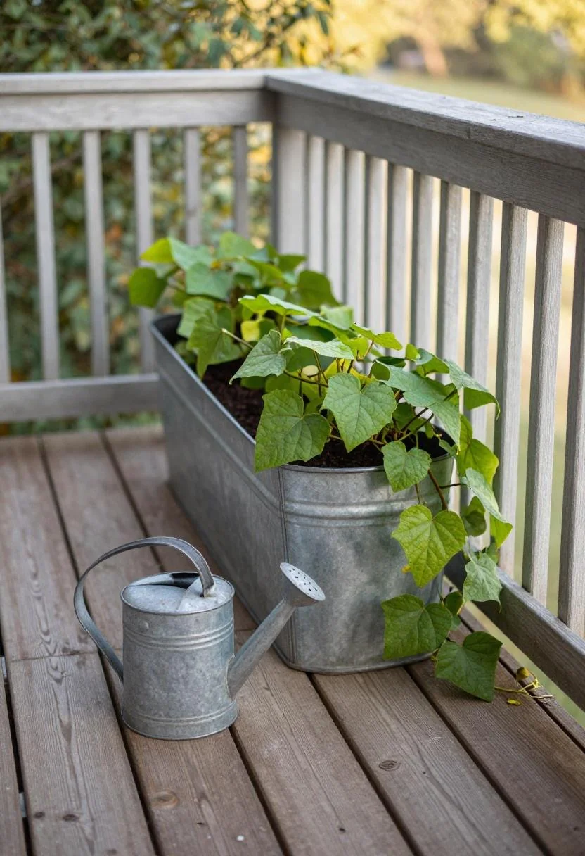Galvanized trough of trailing sweet potato vine along a cottage deck railing in morning light