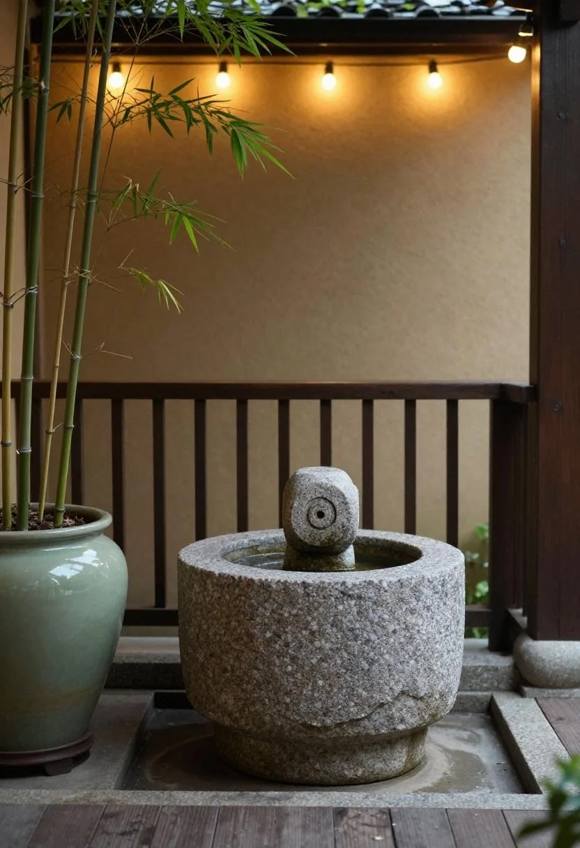 Granite millstone fountain with sage green bamboo planter on a zen-inspired evening balcony