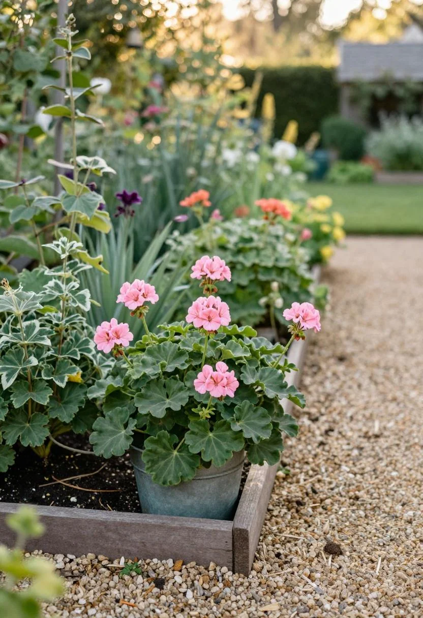 Cool blue ceramic pots with clipped boxwood arranged at a patio flower bed corner in bright midday sun