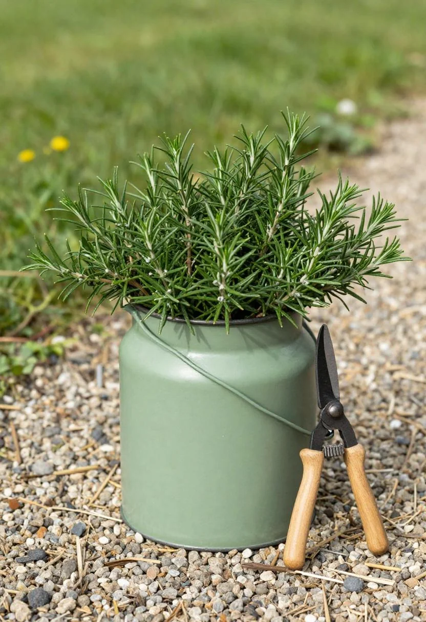 Sage green milk can with rosemary and pruning shears along a morning garden path