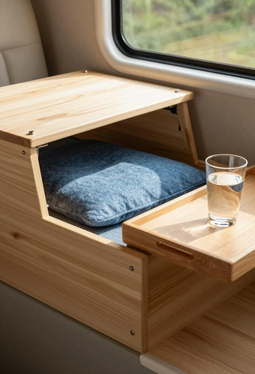 Pine window seat with hidden storage and cool blue wool cushion in a camper