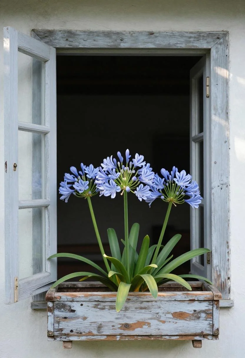 Oak window box with cool blue agapanthus blooms lit by morning sun on a cottage exterior