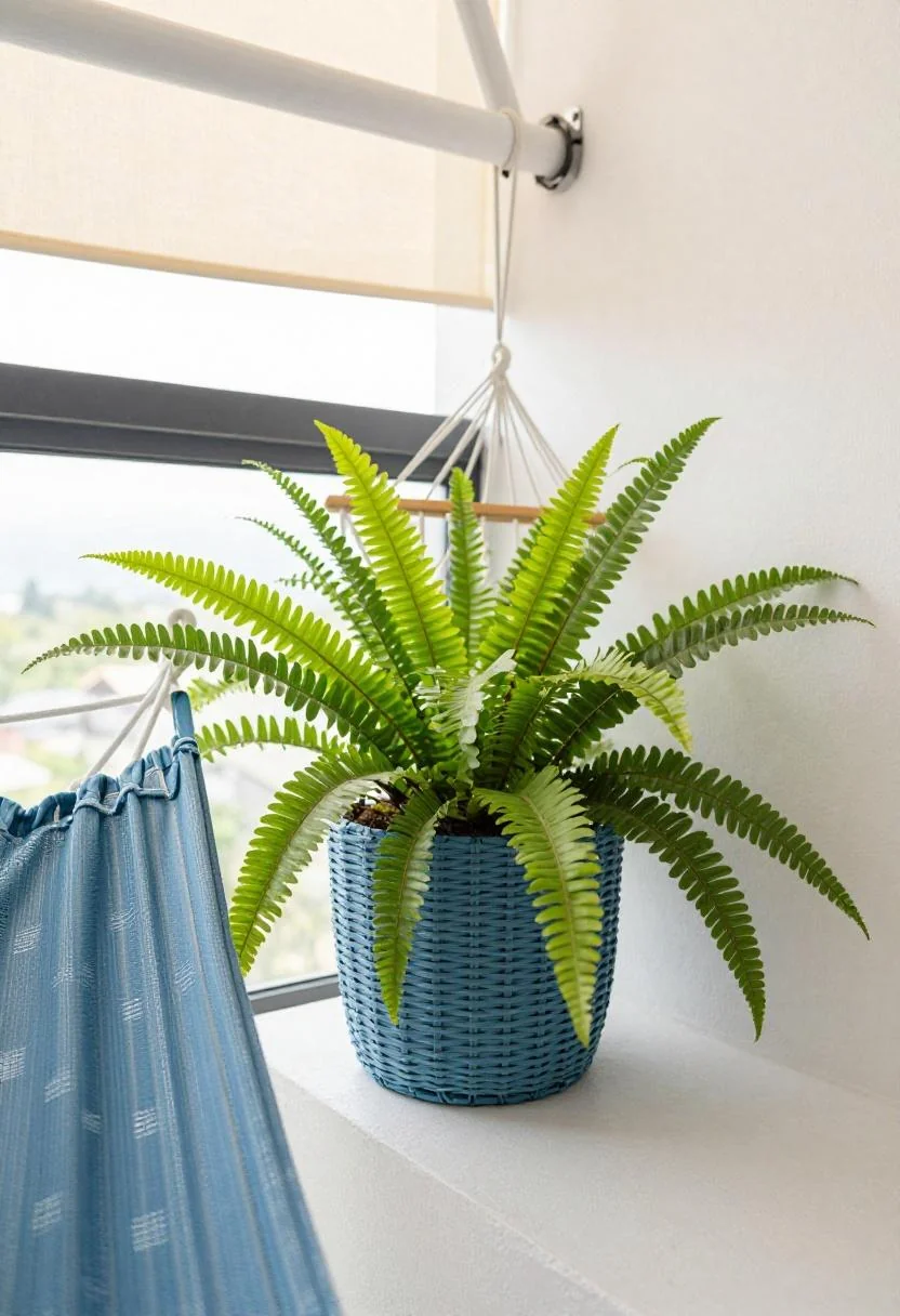 Cool blue rattan basket planter overflowing with Kimberly Queen fern in a shaded tropical balcony corner at midday