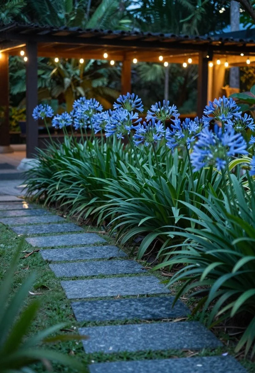 Blue agapanthus rising above liriope groundcover along a tropical garden path at dusk