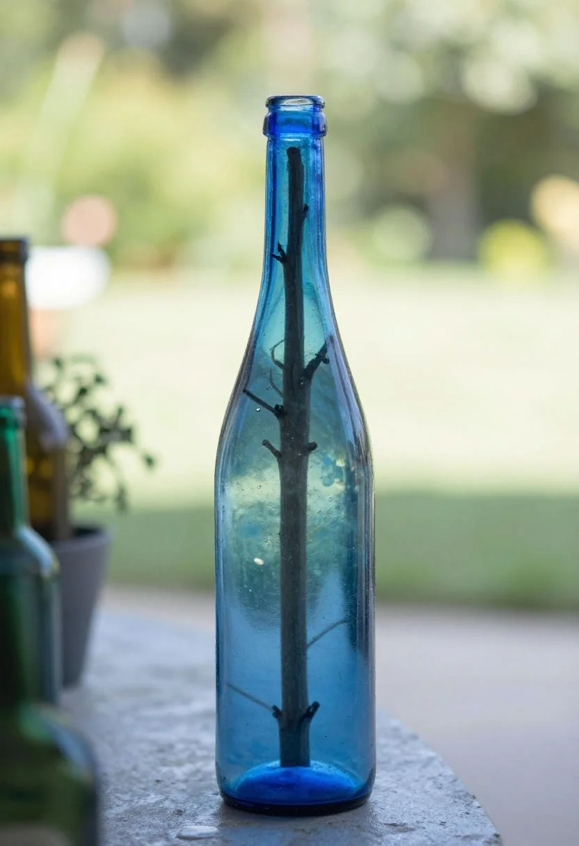 Cool blue glass bottle tree at the edge of a garden path in dappled midday shade