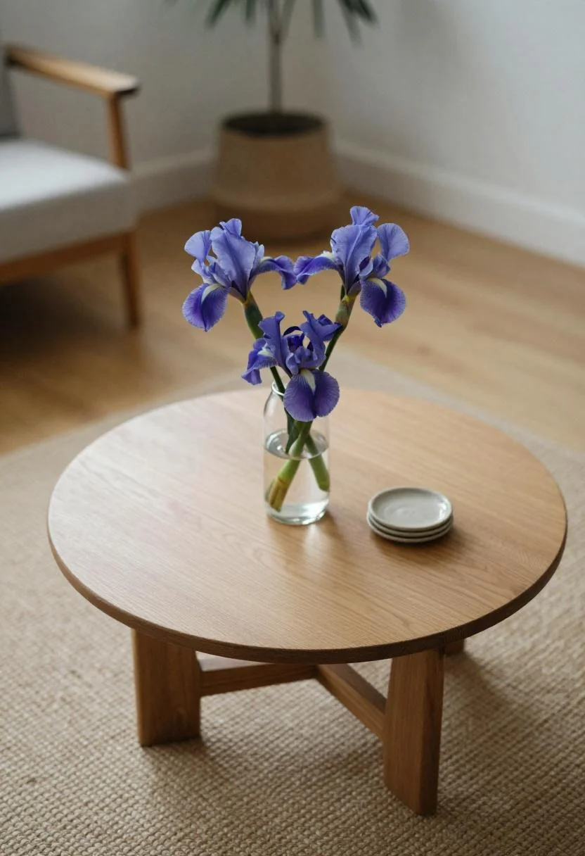 Cool blue iris flowers in a bowl vase on a round oak coffee table viewed from above
