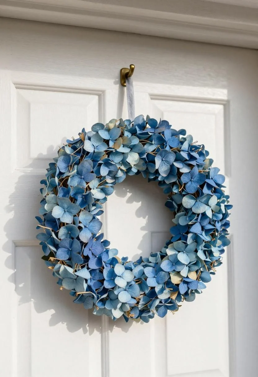 Cool blue raffia hydrangea wreath on white-rendered brick with a brass mounting hook