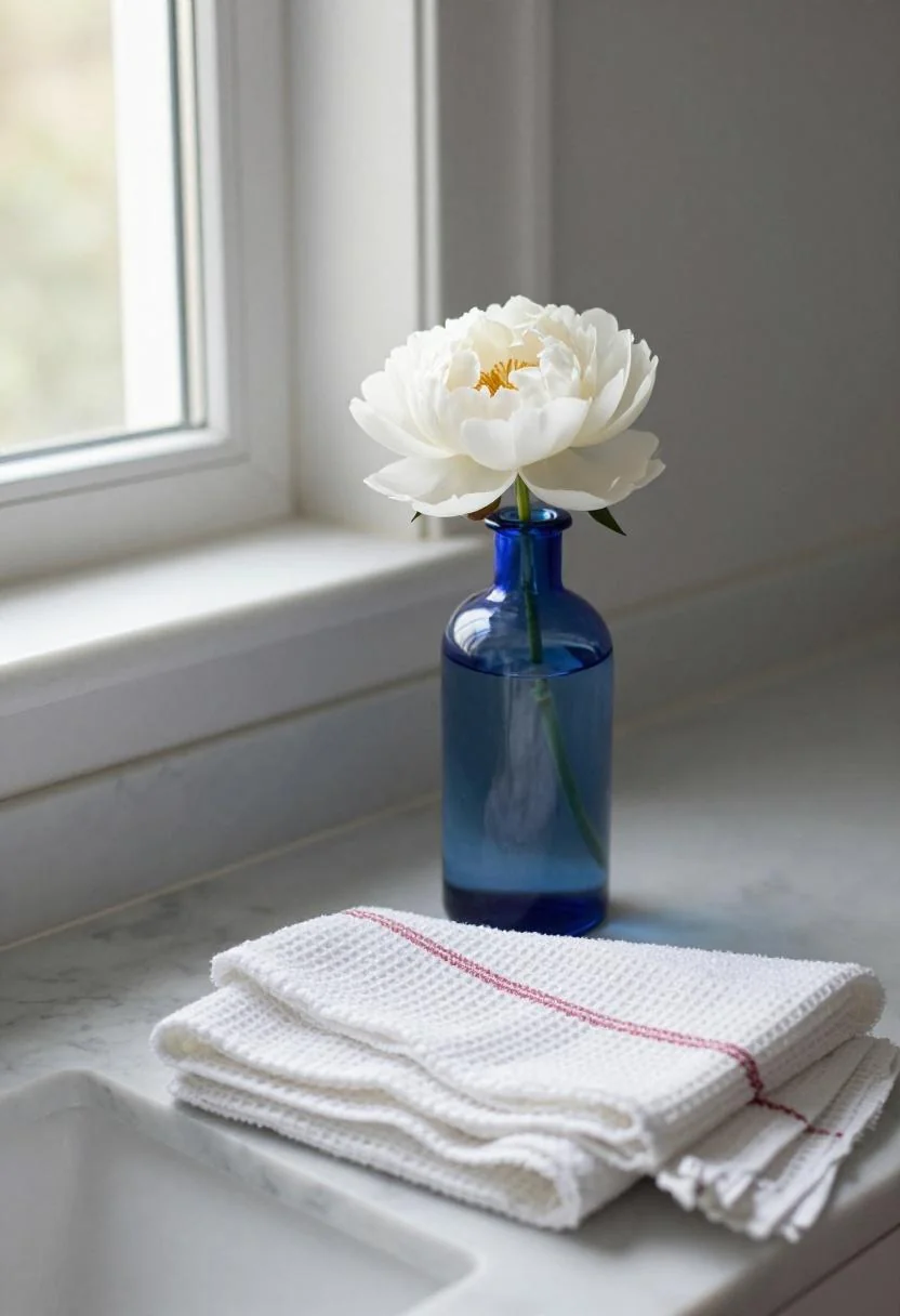 Cool blue apothecary bottle and striped waffle towel bring subtle Fourth of July color to a marble bathroom shelf