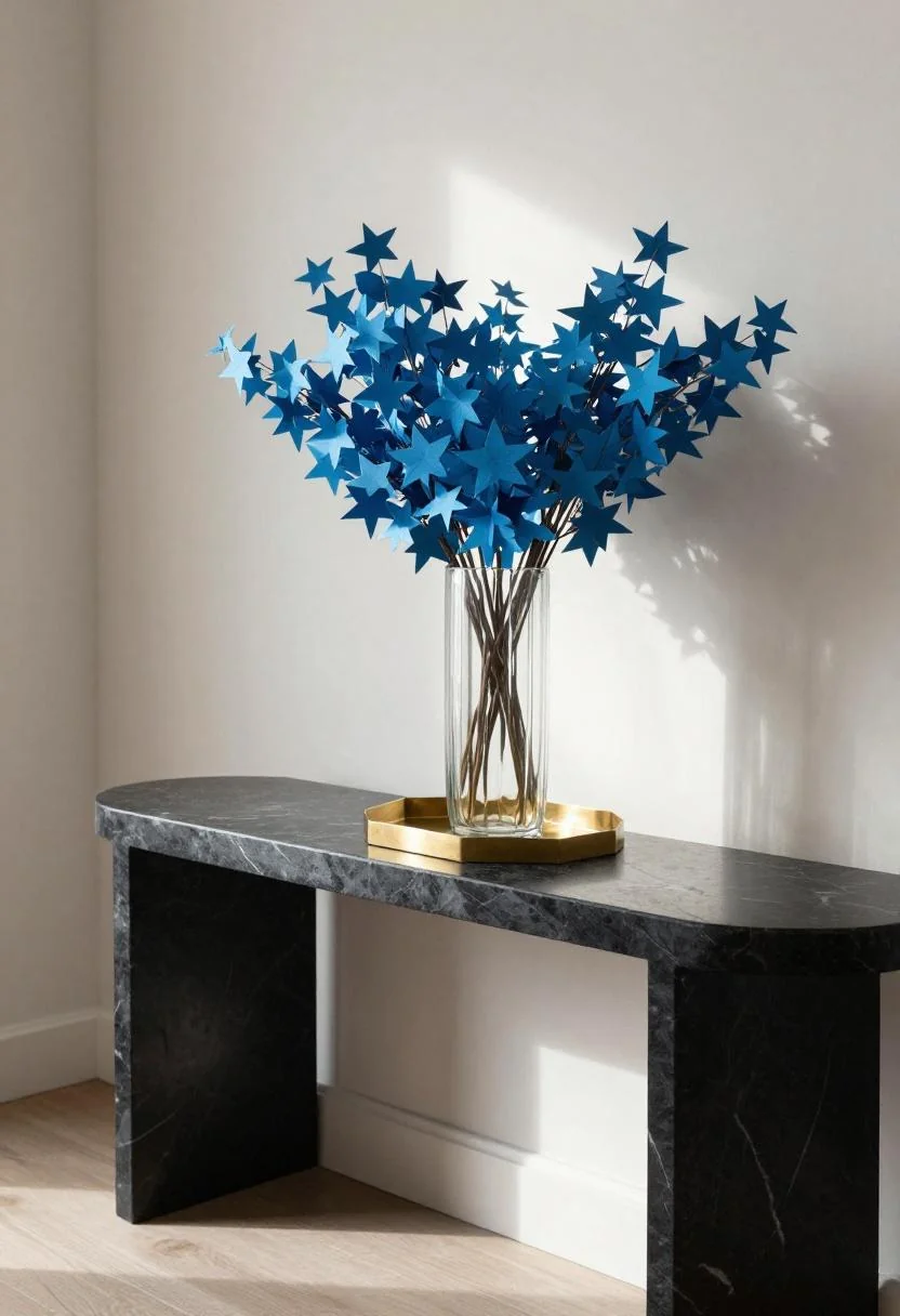 Cool Blue paper star garland in a fluted glass vase on a black marble Neo Deco console