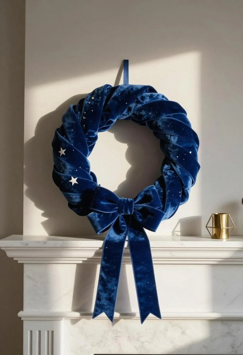 Neo Deco patriotic wreath with cool blue velvet ribbon displayed above a white marble fireplace mantel