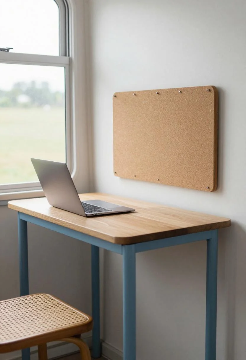 Camper dinette converted to fold-down workspace with cool blue legs and cork pinboard