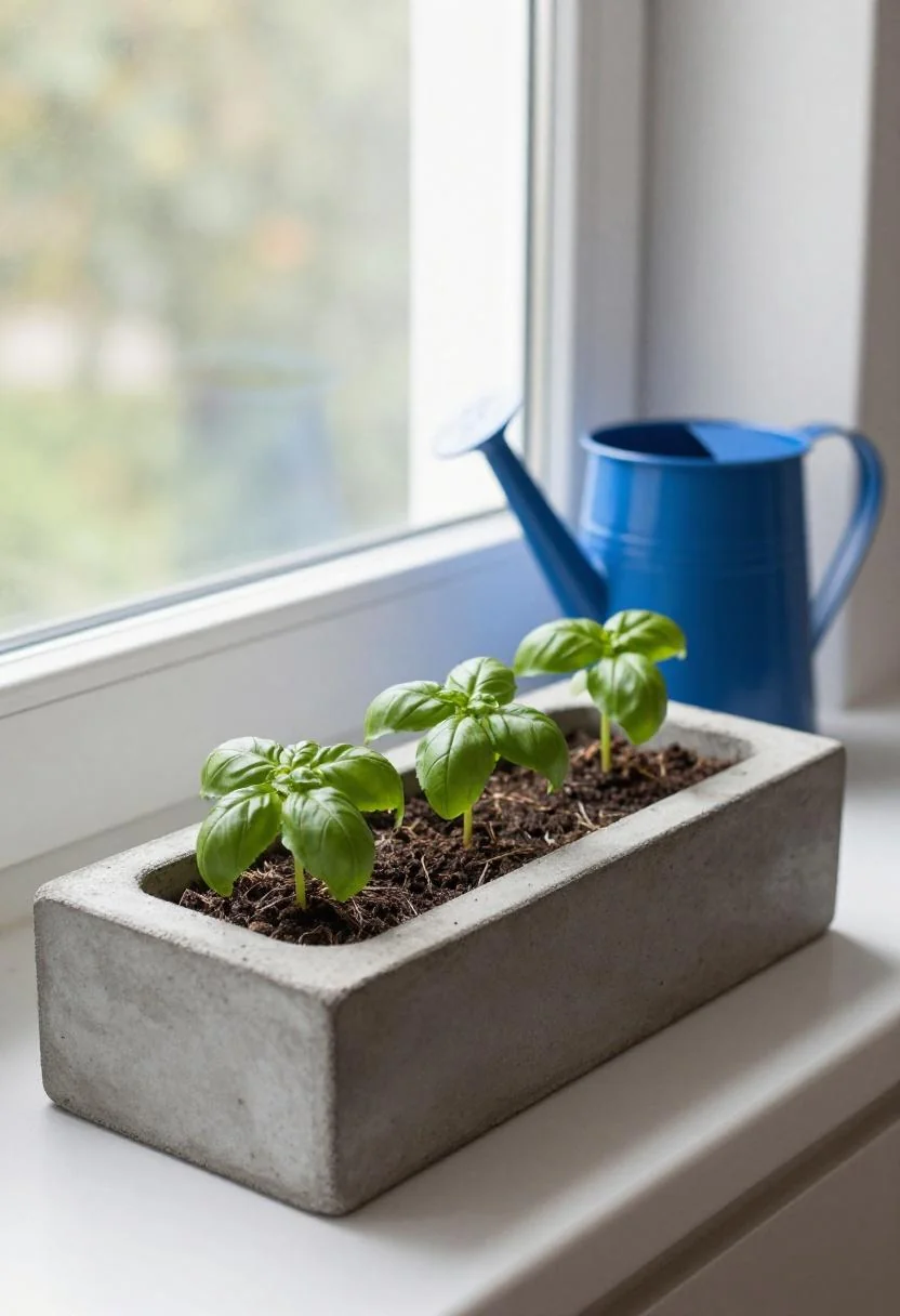 DIY cement herb trough with basil plants and cool blue watering can on a kitchen windowsill