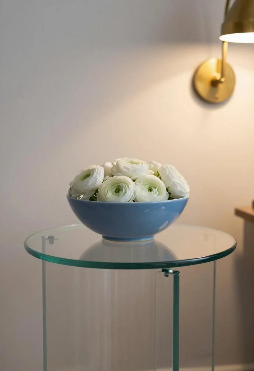 Neo Deco fluted glass table with cool blue lacquered bowl and white ranunculus