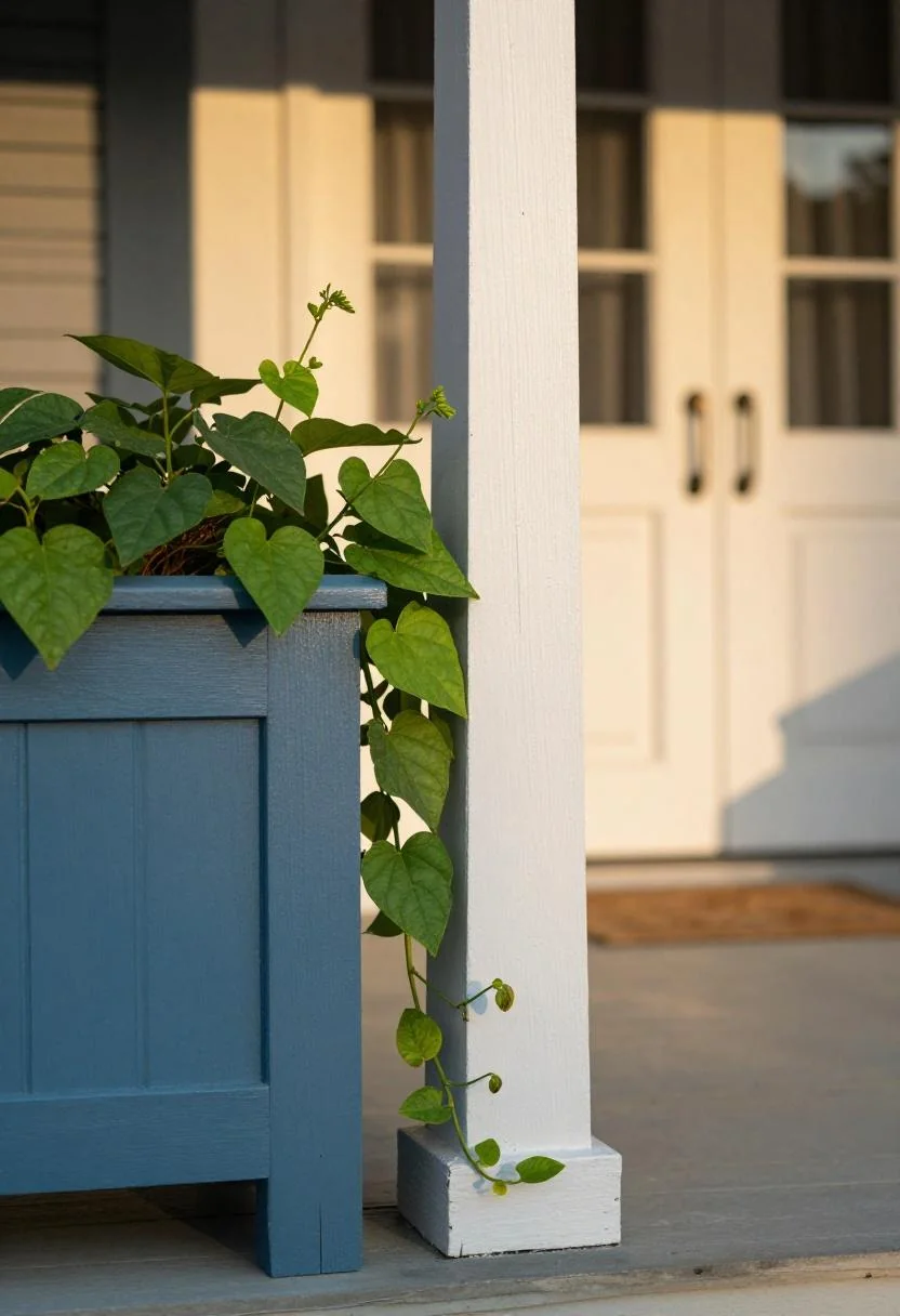 Cool blue wooden planter box with trailing sweet potato vine hugging a Craftsman porch column
