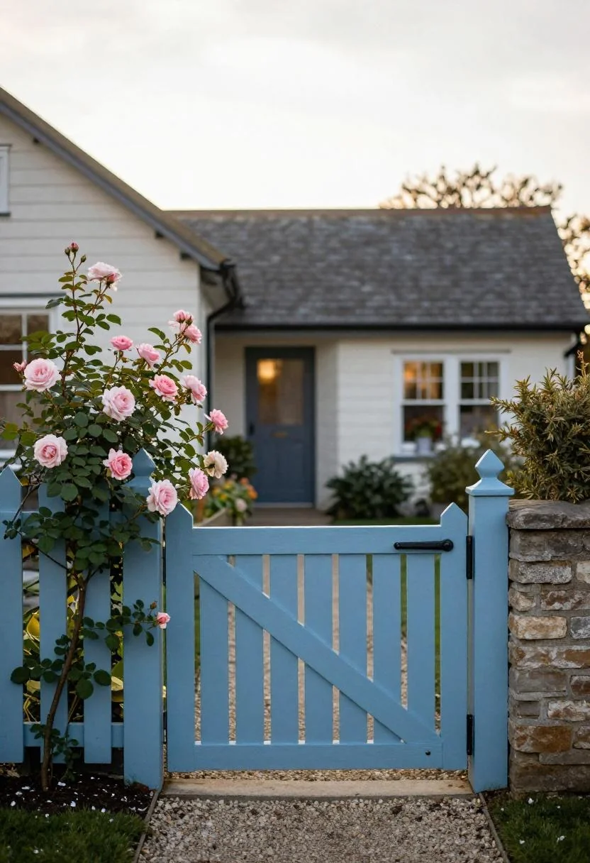 Cool blue picket gate and climbing rose at a cottage duplex garden entrance in golden hour