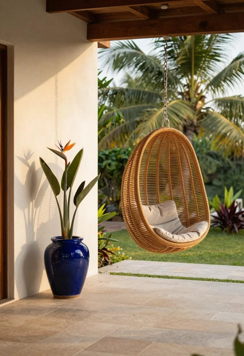 Rattan egg chair and cool blue planter with bird of paradise on a tropical back patio at golden hour