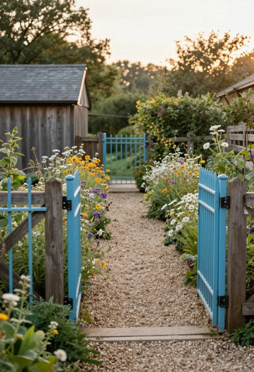 Gravel garden path leading to a cool blue iron gate beside a barn fence