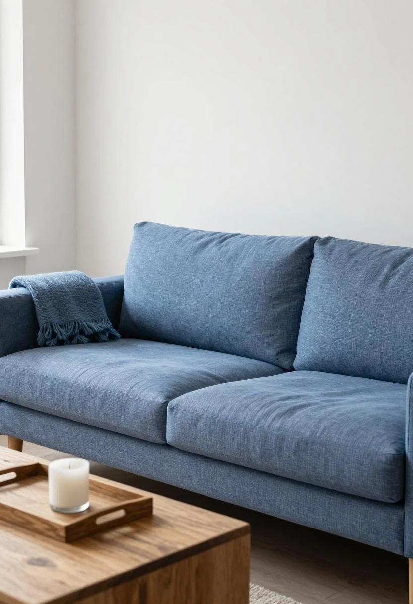 Low canvas sofa with cool blue wool throw and oak tray in a minimalist Hamptons living room