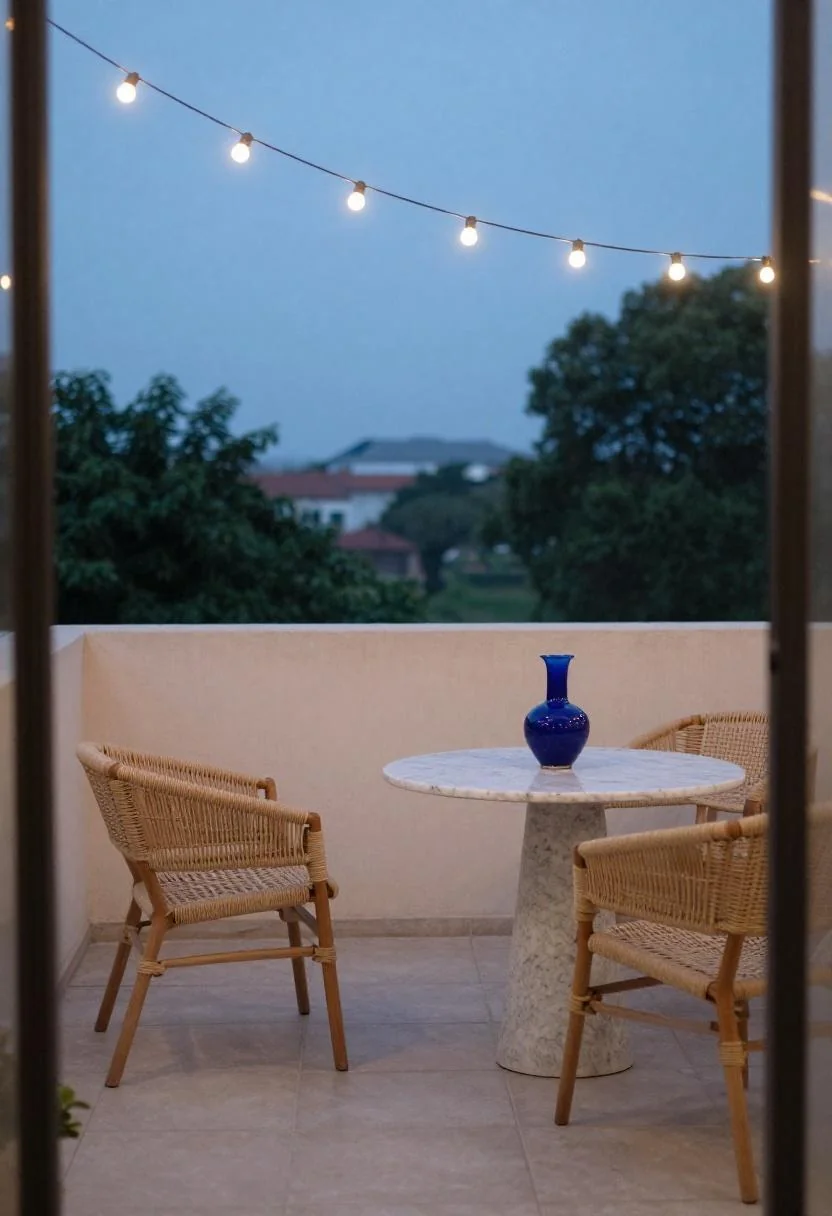Marble-top table with cool blue carafe and woven chairs on a string-lit balcony at dusk