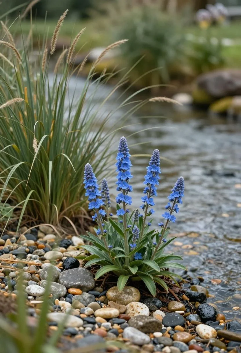 Cool-blue veronica spikes rising from a river-pebble rain garden under diffused light