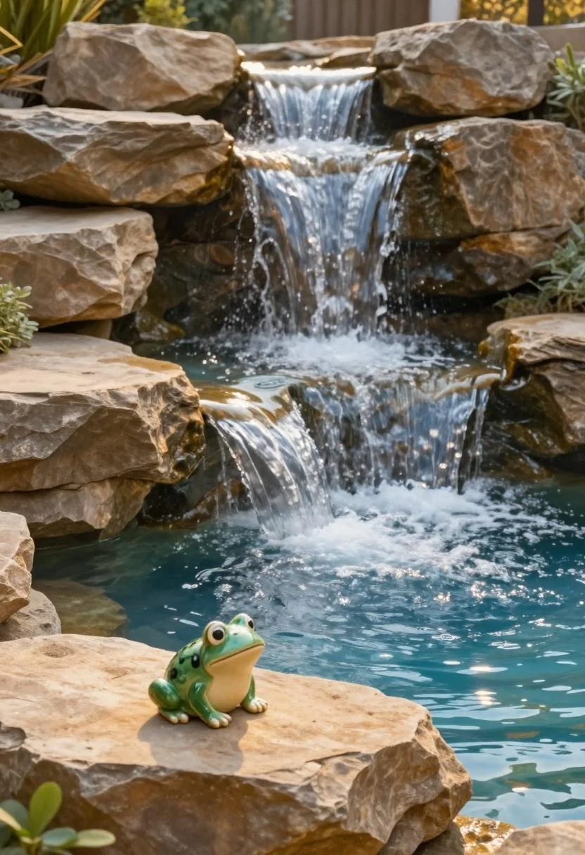 Tiered sandstone waterfall with cool-blue glinting water cascading into a backyard fish pond